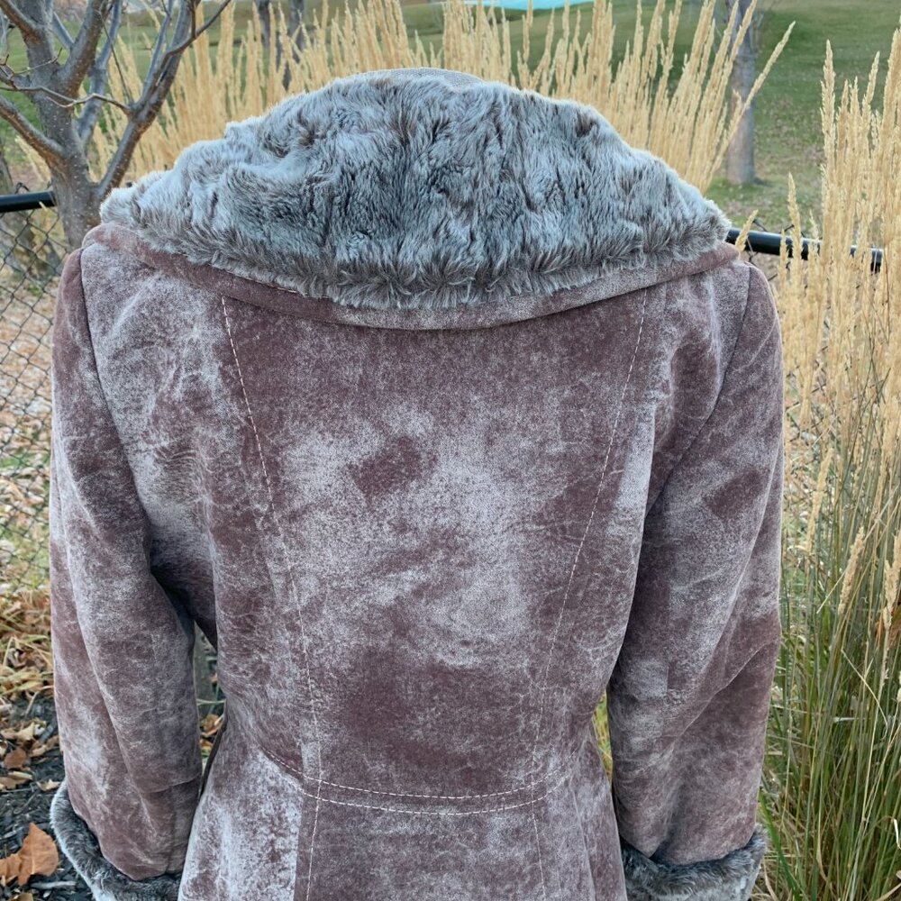 Vintage Penny Lane Pea Coat Faux Suede Fur Trim Double Breasted Overcoat - Picture 7 of 16